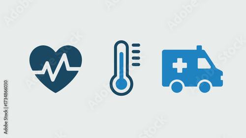 Medical icon set featuring a heart with pulse thermometer and ambulance simple flat vector design for healthcare and emergency services