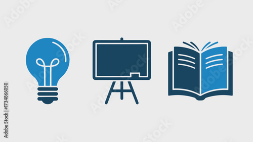 Set of education icons including lightbulb chalkboard and open book simple flat vector design for web and mobile apps
