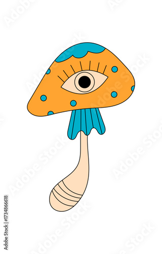 Groovy psychedelic mushroom with cartoon eye forms magic sticker style in retro colorful y2k palette. Trippy shroom and groovy element blend as pop, fun icon, ideal for playful decorative use.