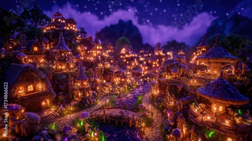 Glowing Pixelated Village At Night