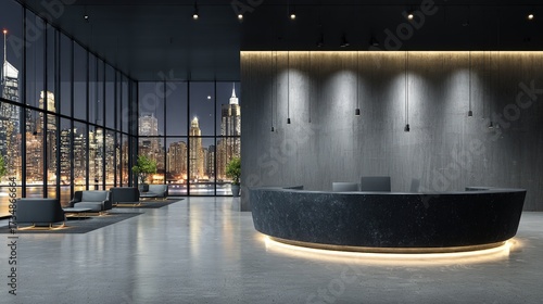 Modern Hotel Lobby With City View At Night