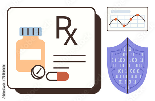 Prescription medication with pills and pharmacy label, data graph for analysis, shield signifying cybersecurity. Ideal for healthcare, pharmaceuticals, data protection, medical technology, analytics