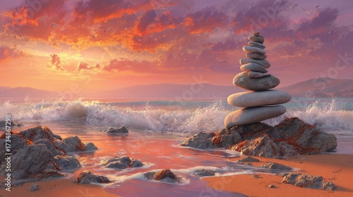 Colorful Sunset Beach Scene with Stacked Stones