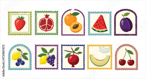 Assortment of fruit-themed postage stamp illustrations including strawberry pomegranate apricot watermelon plum lemon grapes and cherries