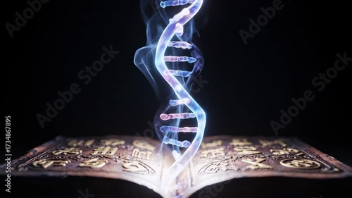 Mysterious glowing DNA helix emerges from an ancient, open book, symbolizing knowledge and discovery.