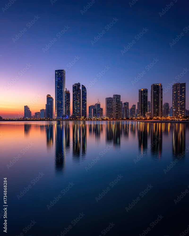 Obraz premium Cityscape skyline reflected on calm water at dusk