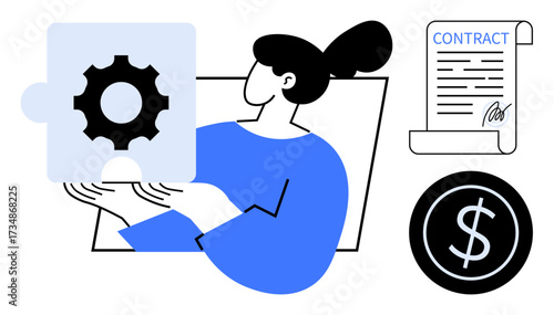 Woman holding a gear puzzle piece, with contract and dollar icons signifying teamwork, business deal, collaboration, strategy, agreement, success, problem-solving. Ideal for business consulting