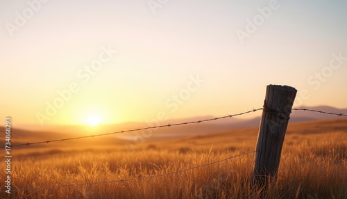 Rural landscape at golden hour with a weathered fence post and barbed wire stretching across a field of dry grass
