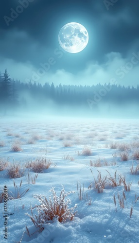 Winter Solstice A Snowy Field Under the Light of a Large Moon, Bordered By a Forest and a Misty Sky