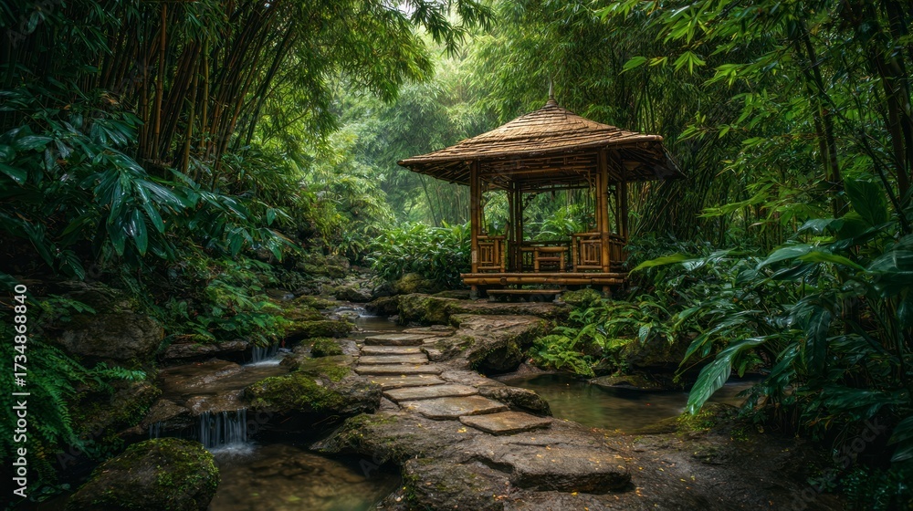 Naklejka premium Bamboo gazebo peaceful garden