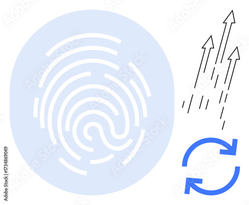 Fingerprint highlights uniqueness, arrows symbolize growth and progress, circular arrows suggest renewal. Ideal for identity, innovation, security, technology, personalization, growth adaptability