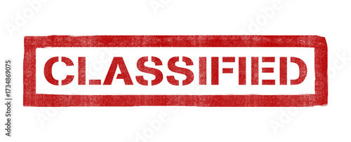Red stamped CLASSIFIED text in bold stencil typography. Military-style marking ideal for confidential documents, security themes, and restricted content.
