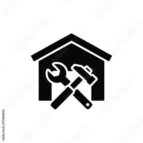 Home repair tools including a wrench and hammer crossed in front of a house silhouette for maintenance and fixing tasks
