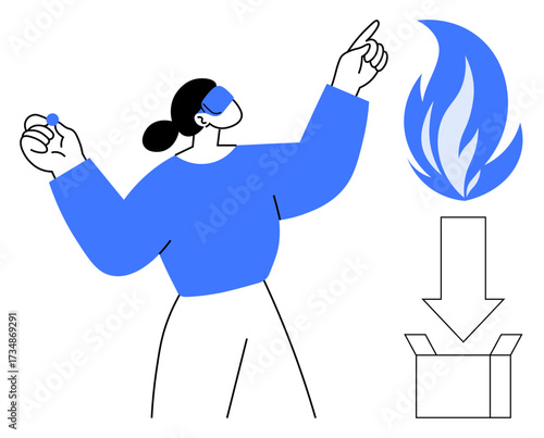 Woman gesturing confidently, flame symbolizing energy or passion, arrow guiding into box. Ideal for leadership, decision-making, innovation, goal-setting, creativity, energy management motivation