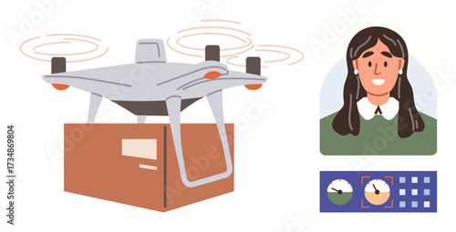 Flying quadcopter carrying a box, managed remotely by a woman using control settings. Ideal for delivery, technology, logistics, automation, e-commerce, remote control innovation. Simple flat metaphor