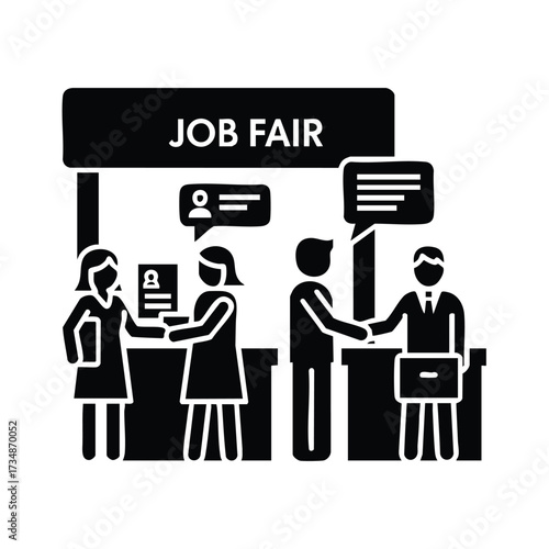 Job fair scene with candidates and recruiters engaging in interviews and networking under a large sign