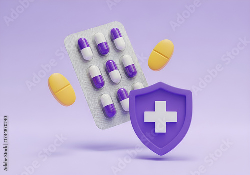 3d rendered medical icon shield with capsules and pills promoting health and protection