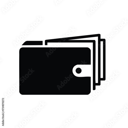 Empty black wallet with multiple compartments and a button closure lying flat on a plain