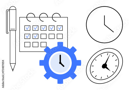 Pen, calendar with checkboxes, analog clocks, and cogwheel clock. Ideal for planning, scheduling, productivity, workflow time tracking task management efficiency. Simple flat metaphor