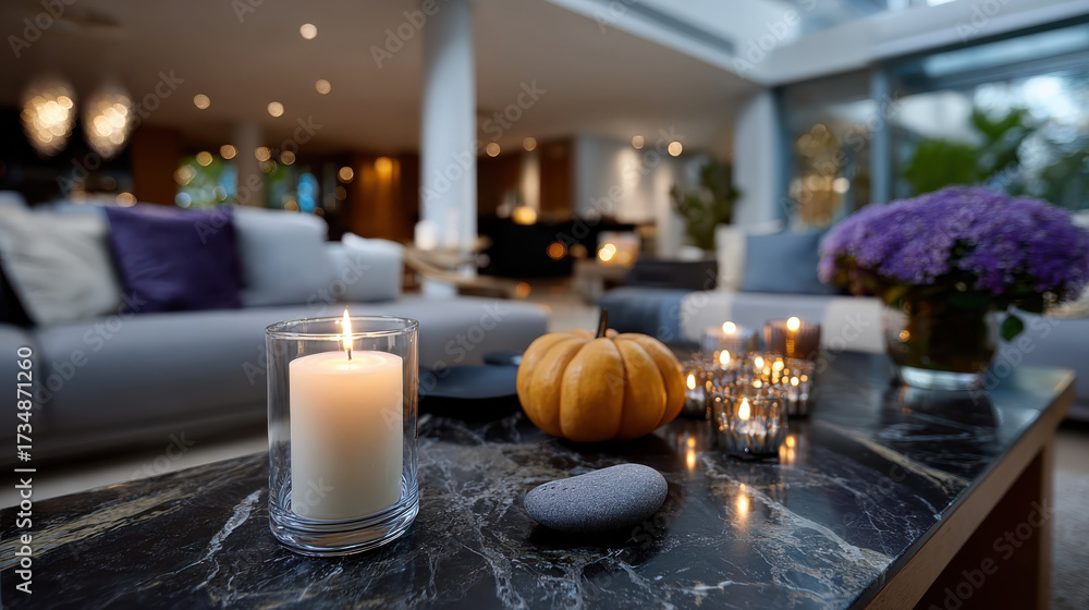 Fototapeta premium An autumn-themed coffee table displaying elegant candles, decorative stones and seasonal elements, capturing the essence of fall and creating a warm, inviting atmosphere for gatherings.