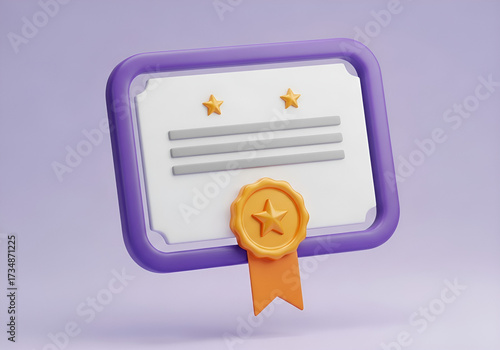 3d rendered diploma certificate with purple border and golden seal realistic icon