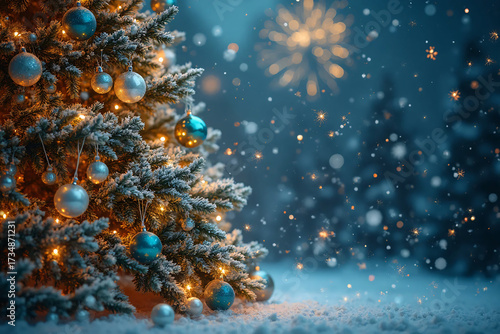 Decorated Christmas fir tree. Festive background with space for lettering.