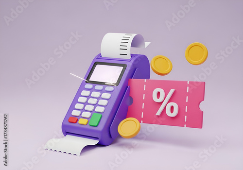 3d render of a payment terminal with discount coupons and coins symbolizing savings and transactions