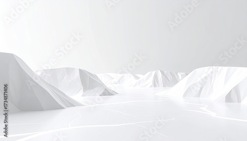 Minimalist digital rendering of a white, low-polygonal mountain range under a bright, almost featureless sky.  The scene is stark and serene
