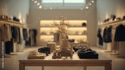 Medium shot inside a minimalist boutique capturing a central display table in sharp focus with the rest of the themed interior softly blurred to accentuate product arrangement.