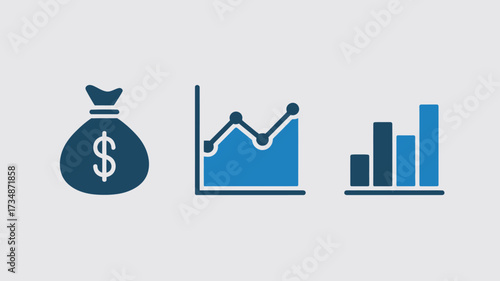 Financial icon set featuring money bag line graph and bar chart flat vector design for business and investment presentations