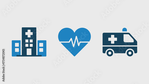 Medical icon set with hospital heart and ambulance flat vector design for healthcare and emergency services isolated on white background
