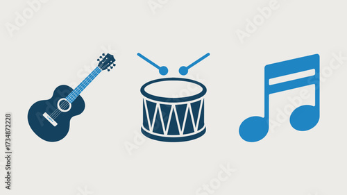 Set of music instrument icons including guitar drum and note simple flat vector design element for web and mobile apps isolated on white background