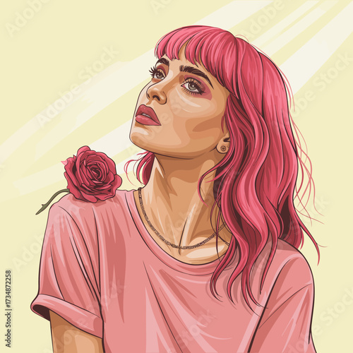 A fashionable woman with pink hair gazes thoughtfully, a rose on her shoulder, conveying beauty, individuality, and modern femininity.