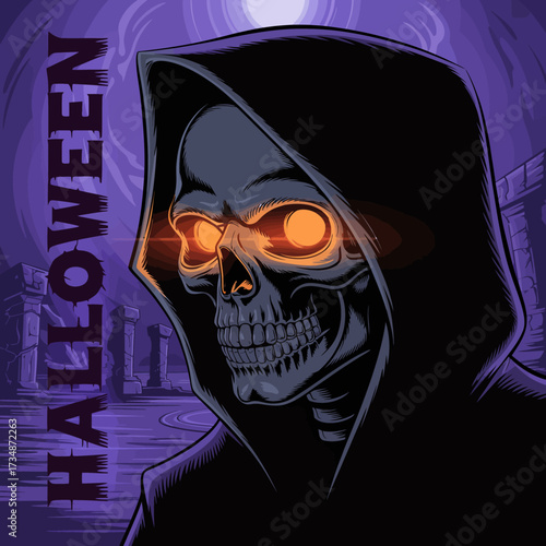 A hauntingly stylish skull character in a hood, featuring glowing orange eyes which create a chilling yet captivating atmosphere perfectly suited for Halloween aesthetics.