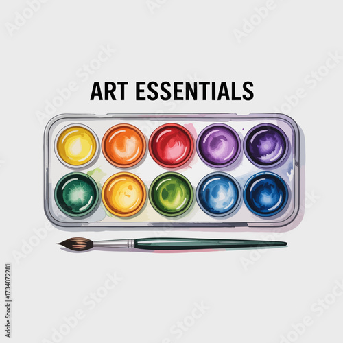 A vibrant watercolor palette with multiple colors and a paintbrush, perfect for inspiring creativity and artistic expression in artists and hobbyists alike.