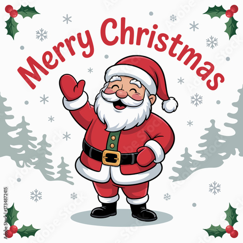 A cheerful Santa Claus waves and smiles warmly, dressed in his classic red suit against a backdrop of holiday themed decorations, conveying joy and festive spirit.