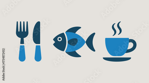 Food and drink icon set featuring a fork knife fish and coffee cup simple vector illustration for restaurant menus and app design