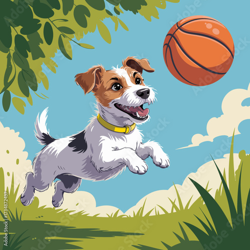 An energetic illustration of a playful dog leaping in the air to catch a basketball, portraying a joyful and active lifestyle in a vibrant outdoor setting surrounded by nature.
