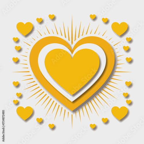 A cheerful design featuring layered yellow hearts surrounded by smaller hearts and radiating lines, symbolizing love, positivity, and warmth in a vibrant artistic style.