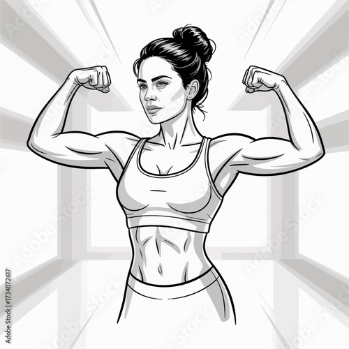 This powerful illustration showcases a strong woman confidently flexing her muscles, representing strength, empowerment, and determination in fitness and everyday life.