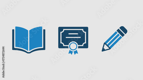 Education icon set featuring a book diploma and pencil simple vector glyph for school and learning resources isolated on white background