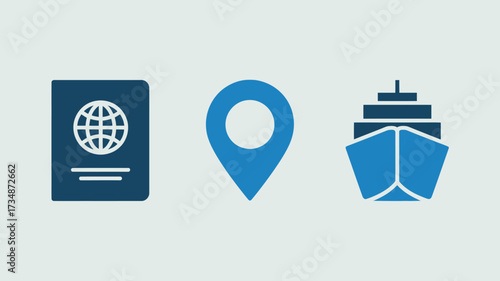Set of travel icons passport map pin and cruise ship simple flat vector design element for web and mobile apps isolated on white background