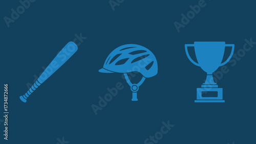 Simple vector icons of baseball bat bicycle helmet and trophy cup minimalist flat design elements for sport and achievement concepts isolated on blue background