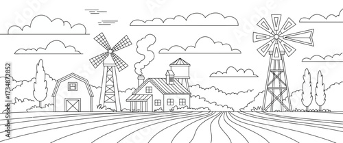 A tranquil farm scene featuring a charming barn, rotating windmill, and a silhouette of a farmhouse under a cloudy sky, capturing the essence of rural life and agriculture.