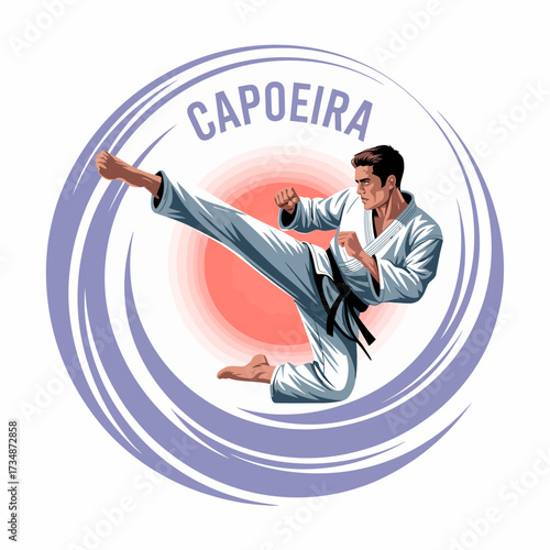 A vibrant depiction of a capoeira fighter executing a high kick, showcasing the blend of acrobatic movement, rhythm, and cultural expression of this unique martial art.