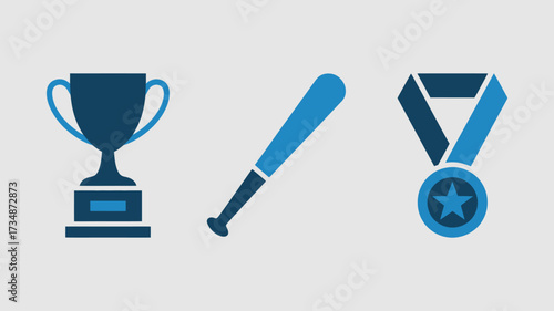 Sports icon set with trophy baseball bat and medal flat vector design for app and web elements isolated on white background