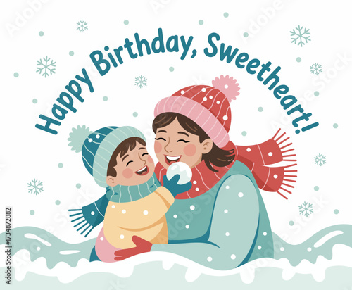 A delightful birthday celebration captured in the snowy backdrop, focusing on a mother and child sharing joy and love during a festive moment full of warmth and affection.
