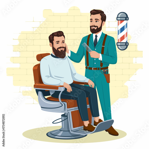 This engaging illustration depicts a barber skillfully styling a client's hair in a trendy barbershop, capturing the atmosphere of community, style, and personal grooming.