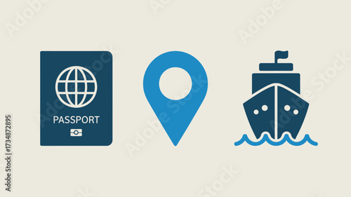 Travel icon set with passport location pin and cruise ship flat vector design for tourism and vacation planning isolated on white background