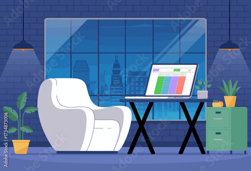 A chic and contemporary office workspace featuring a sleek desk, comfortable chair, and plants, designed to inspire creativity and productivity in a clean, stylish environment.
